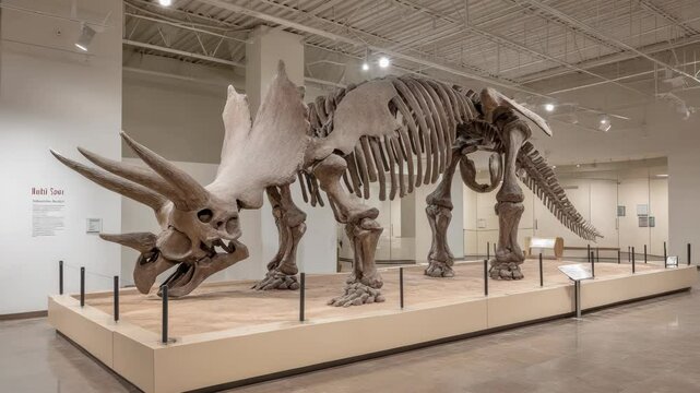 Large dinosaur skeleton on display at a natural history museum showcasing prehistoric life and evolution in an educational setting