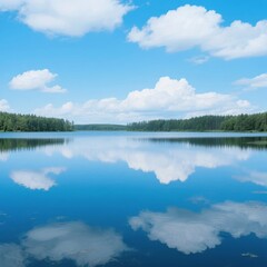 Fototapeta premium A serene lake with a clear reflection of the sky and clouds