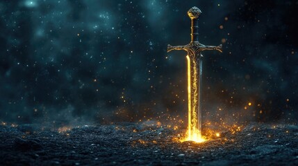 Naklejka premium Golden sword isolated against a white background shining with mystical energy