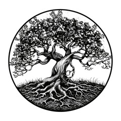 Tree of life logo, woodcut, black and white sketch, vintage engraving vector, emblem, intertwining roots and branches, old engraving style, sacred tree illustration, historic tree art