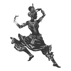 Elegant Thai traditional dancer, black vintage sketch, old engraving, cultural attire, graceful motion, retro line art, heritage dance vector, Asian style artwork, engraved illustration