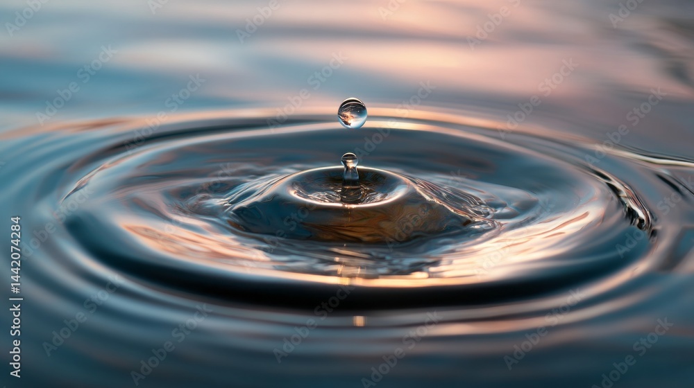 Poster in the soft glow of twilight, a single droplet descends, splashing into a calm water surface, formin