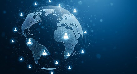Digital world globe with interconnected people icons on a blue background representing global network