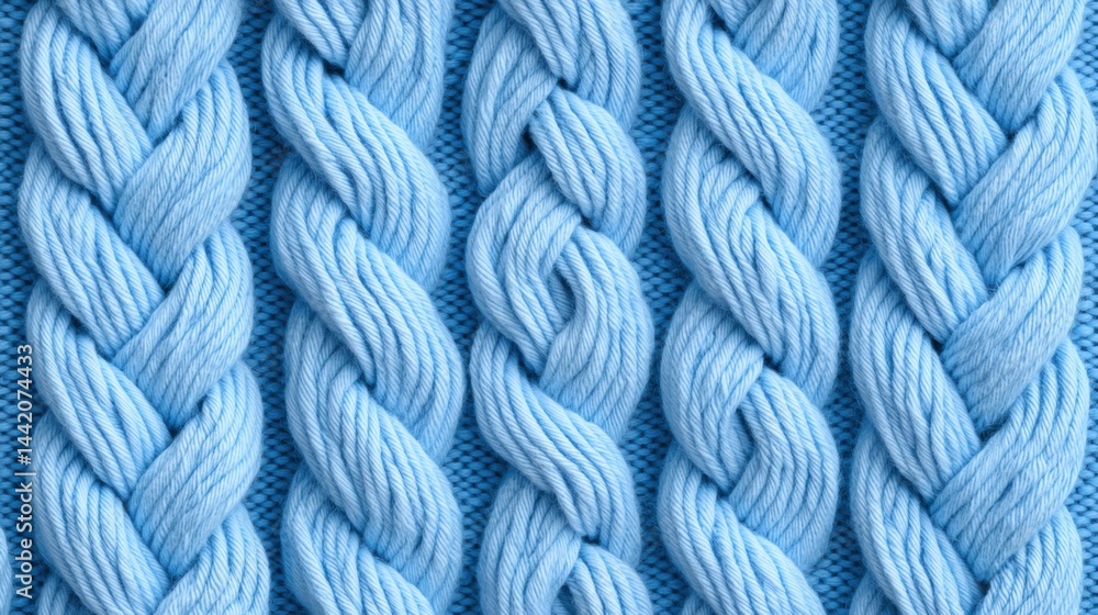 Poster a close-up image of a knitted fabric with a light blue color and intricate braiding pattern.