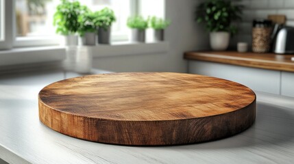 An empty round wood tabletop counter sits in a clean and bright kitchen, showcasing a warm wood finish. This perfect setting invites decor and product presentations against greenery