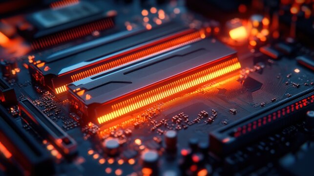 High-tech computer motherboard with glowing RAM