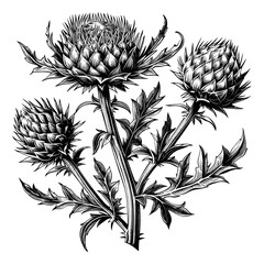 Vintage thistle, black sketch, old engraving style, vector illustration, emblem, print, trendy art, retro botanical drawing, wildflower graphic, antique plant design,
