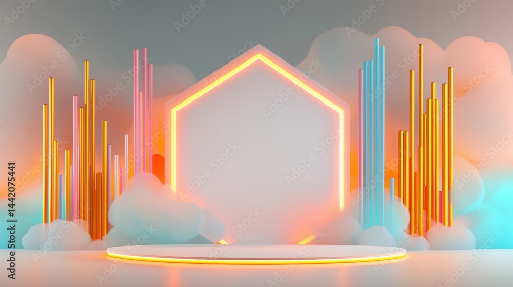 Poster a white platform with a hexagonal frame and glowing lines is set against a backdrop of clouds and tu