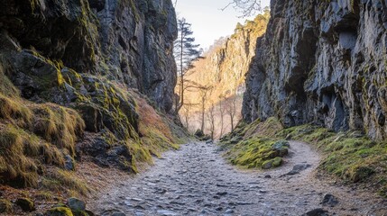 Obraz premium A stunning view through a rocky canyon pathway. Nature unfolds its beauty in every direction. Explore the tranquility of the wild landscape. Generative AI
