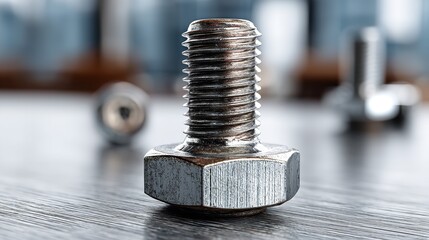 Close-Up of Hexagonal Steel Screw on Blue Table in Industrial Workshop with Blurred Factory Background