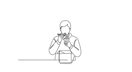 Person enjoying meal with chopsticks against plain background  