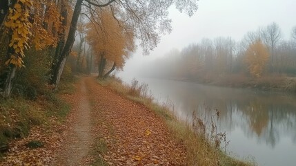 Obraz premium Misty Autumn River Path