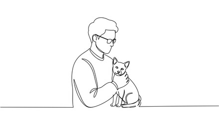 Man holding dog in minimalist line art against white background  