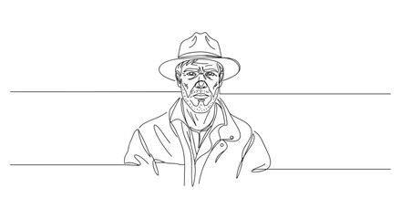 Line art of an elderly man wearing a hat and coat  