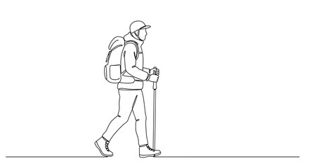 Hiking man with a backpack walking in a minimalist style  