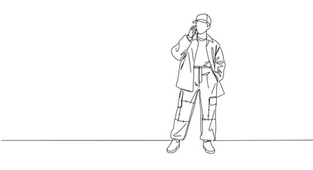 Man Thinking while Talking on Phone in Minimalist Line Art  