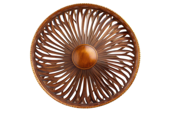 Intricate Wooden Fruit Bowl Rich Brown Tones Elegant Sunburst Design Decorative Home Decor