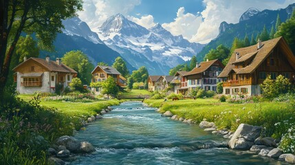 Fototapeta premium Alpine village nestled in scenic mountain valley by river