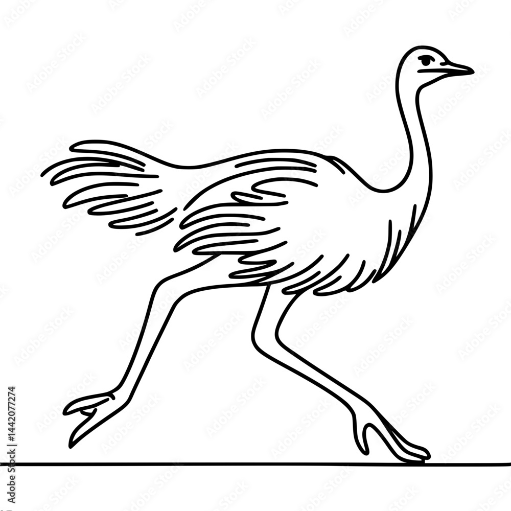 Poster simple line drawing of a fast running ostrich running gracefully, vector outline of one line