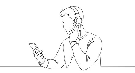 Fototapeta premium Young man listening to music with headphones while checking phone 