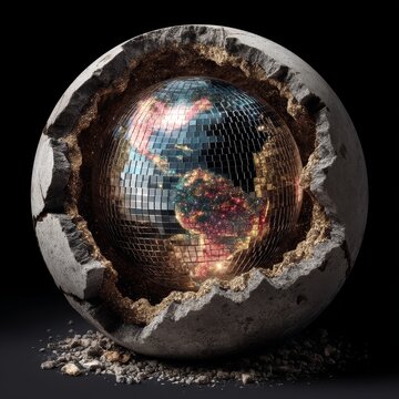 Cracked Earth with Disco Ball Core.  imaginative digital artwork the Earth cracked open to reveal a  disco ball at its core. Perfect for use in editorial,sci-fi cover,conceptual design projets.