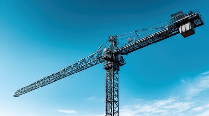 Powerful crane silhouetted against a brilliant blue sky over a large scale construction project - cityscape sky Construction sector impressive