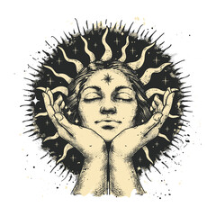 Sun with face in hands, vintage black engraving, isoteric vector illustration, emblem, logo, old engraving style, trendy art, mystical sun design, spiritual vintage symbol