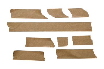 set of brown adhesive torn tape isolated transparent png background,Paper tape sticker with ripped edges,Design template or mockup.Torn masking tape,Design elements.	
