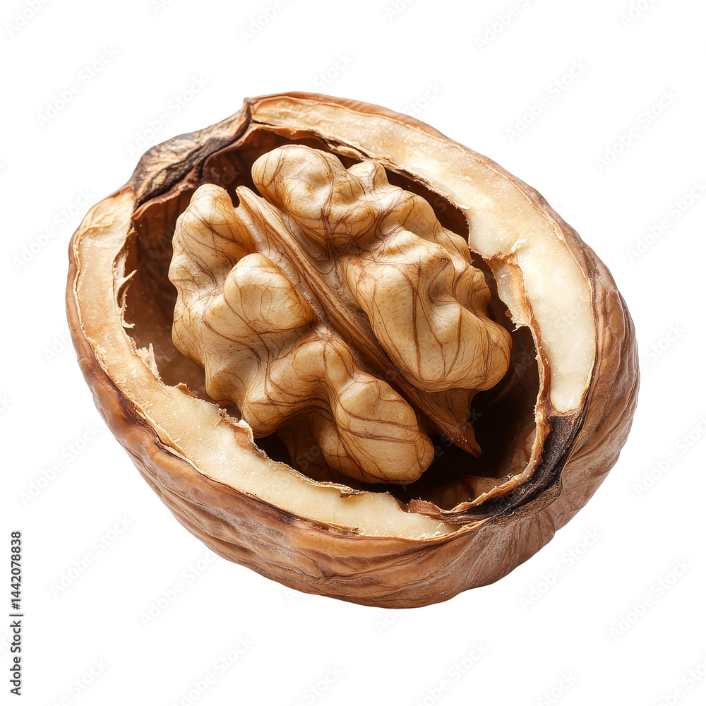 Poster isolated walnut in its shell showcasing detailed textures and natural coloring on a clean transparen