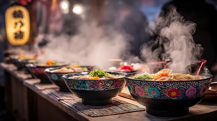 Another shot of steaming ramen bowls in vibrant Japanese street markets, where the busy atmosphere adds to the delicious appeal of this street food classic. 