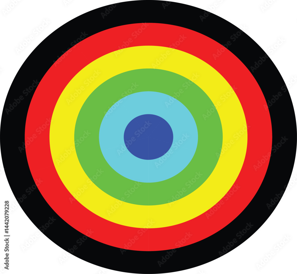 Poster abstract colorful circles design with a rainbow spectrum and a target-like icon evokes a music cd co