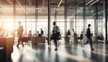 Blurred people walking in motion in modern office. 