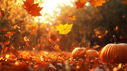 Autumn leaves falling in sunlit pumpkin patch capturing seasonal magic - Powered by Adobe