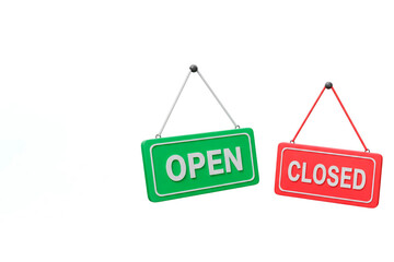 Signs with the inscriptions Open and Closed on a white background. Space for text.