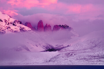 Winter twilight lanscape from Patagonia moutains with snow. Lago Nordenskjold, Torres del Paine...