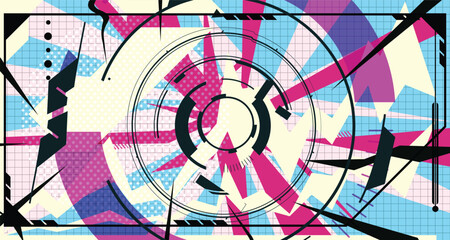 Retro Futuristic Abstract Graffiti Background Bold Wireframe Elements & Modern Comic Style Shapes 
