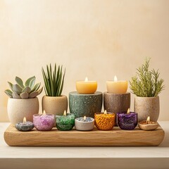 Assorted Candle Collection on Wooden Tray