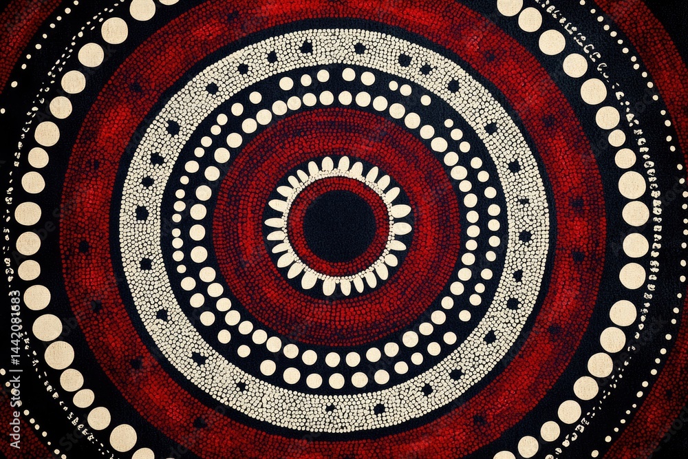 Poster intricate circular patterns blend vibrant reds and whites, showc