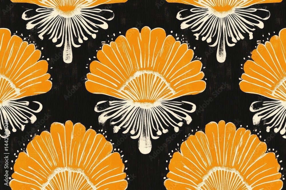 Poster bright orange shell patterns with intricate details on dark back