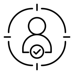 Target user vector icon, featuring a target symbol aiming at a person with a checkmark. Represents user targeting, audience segmentation, marketing strategy, and customer focus.
