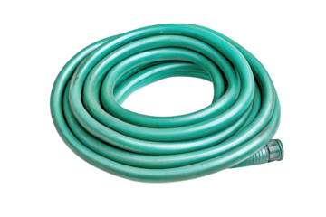A coiled green garden hose ready for watering a simple product shot against a white background