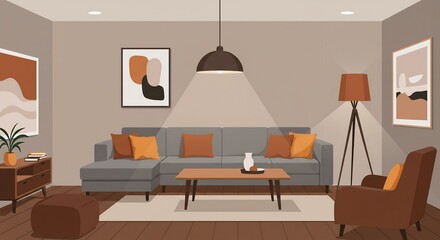 Cozy Living Room Illustration: Modern Interior Design with Comfortable Furniture and Earthy Tones