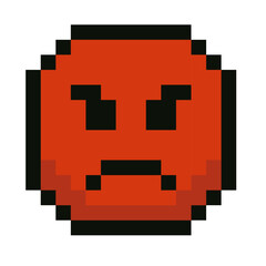 Vector illustration of an angry pixel art emoji with an evil expression. Retro 8 bit style design perfect for video games, memes, chat stickers, digital art, or nostalgic graphic projects. Isolated on