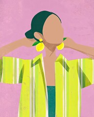 Bright, stylish figure adjusting large earrings, showcasing vibr