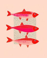 Colorful fish swimming in playful pattern against soft pastel ba