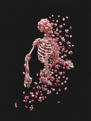 Fragmented skeleton surrounded by vibrant petals symbolizes life
