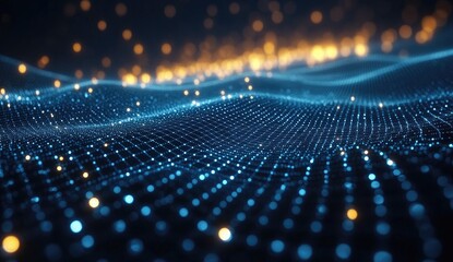 Abstract digital wave structure with glowing particles.