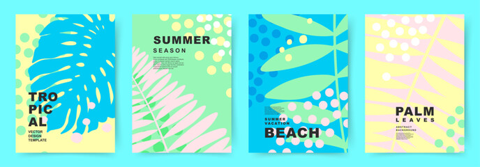 Summer paradise Background. Tropical leaf poster designs set. Theme of vacation and Beach. Flat vector templates with Exotic Nature elements for poster, banner, cover, card, story, summer Sale