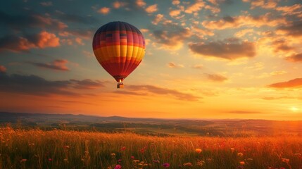 Fototapeta premium Colorful hot air balloon floats over a golden sunset field