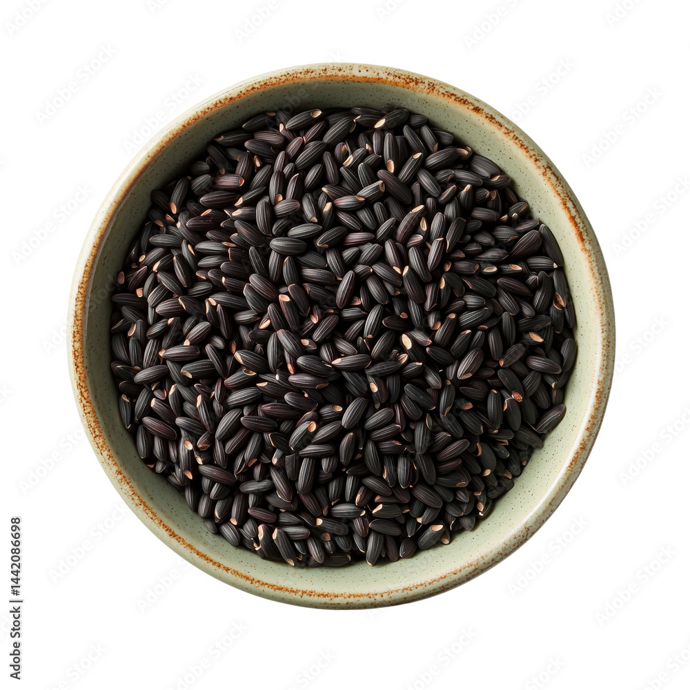 Poster bowl filled with black cumin seeds showcasing the unique texture and shape of the seeds. isolated on